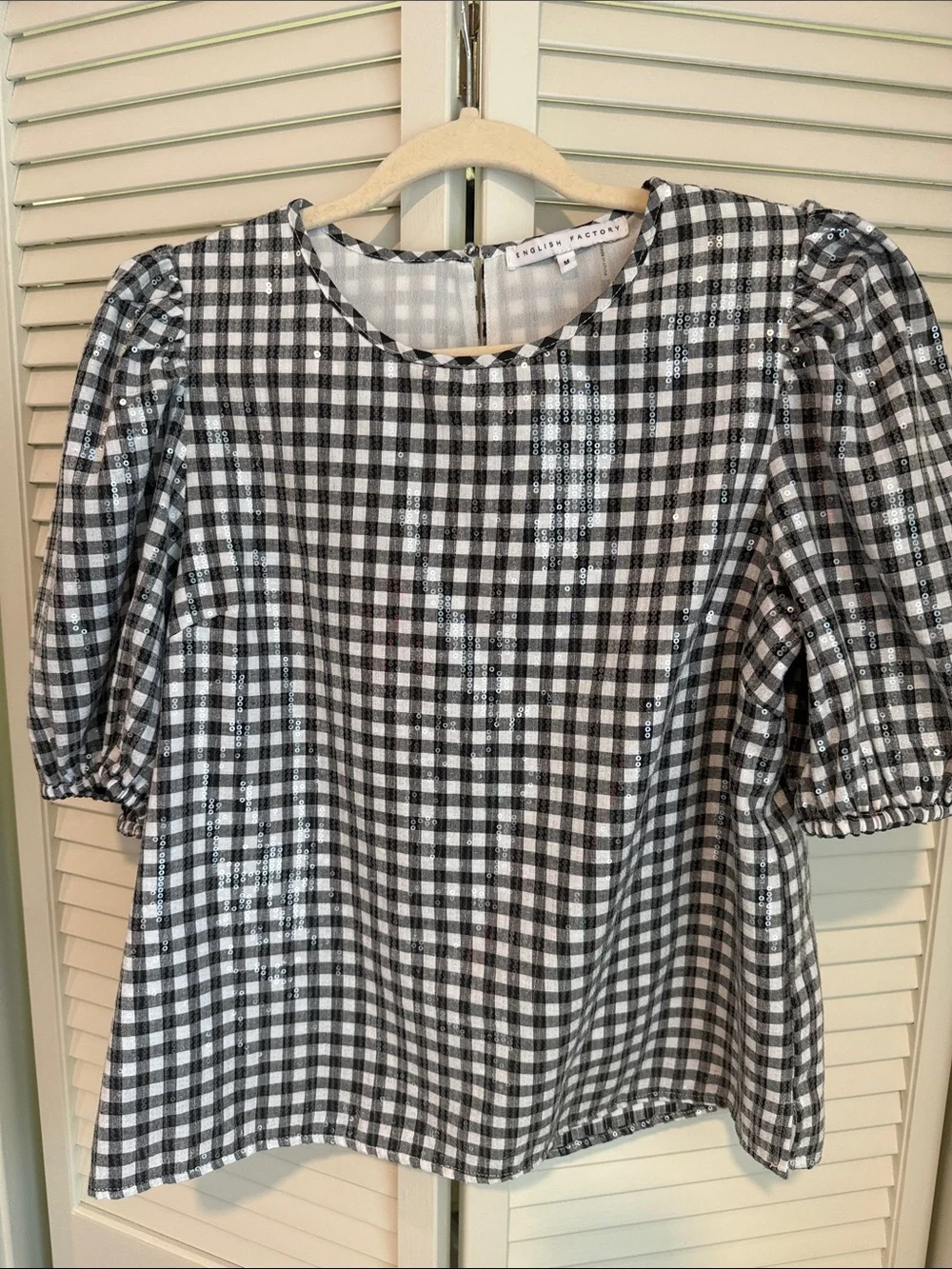 English Factory Black and White Gingham Puff Sleeve Top